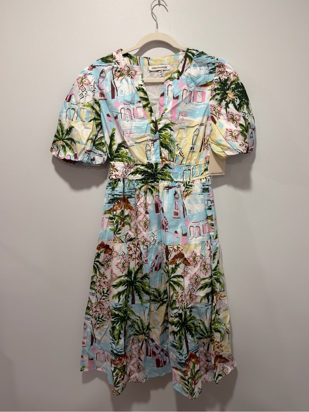 Harlow Rose Medetirenian Scapes Short Puff Sleeve Split Neck Tiered Maxi Dress